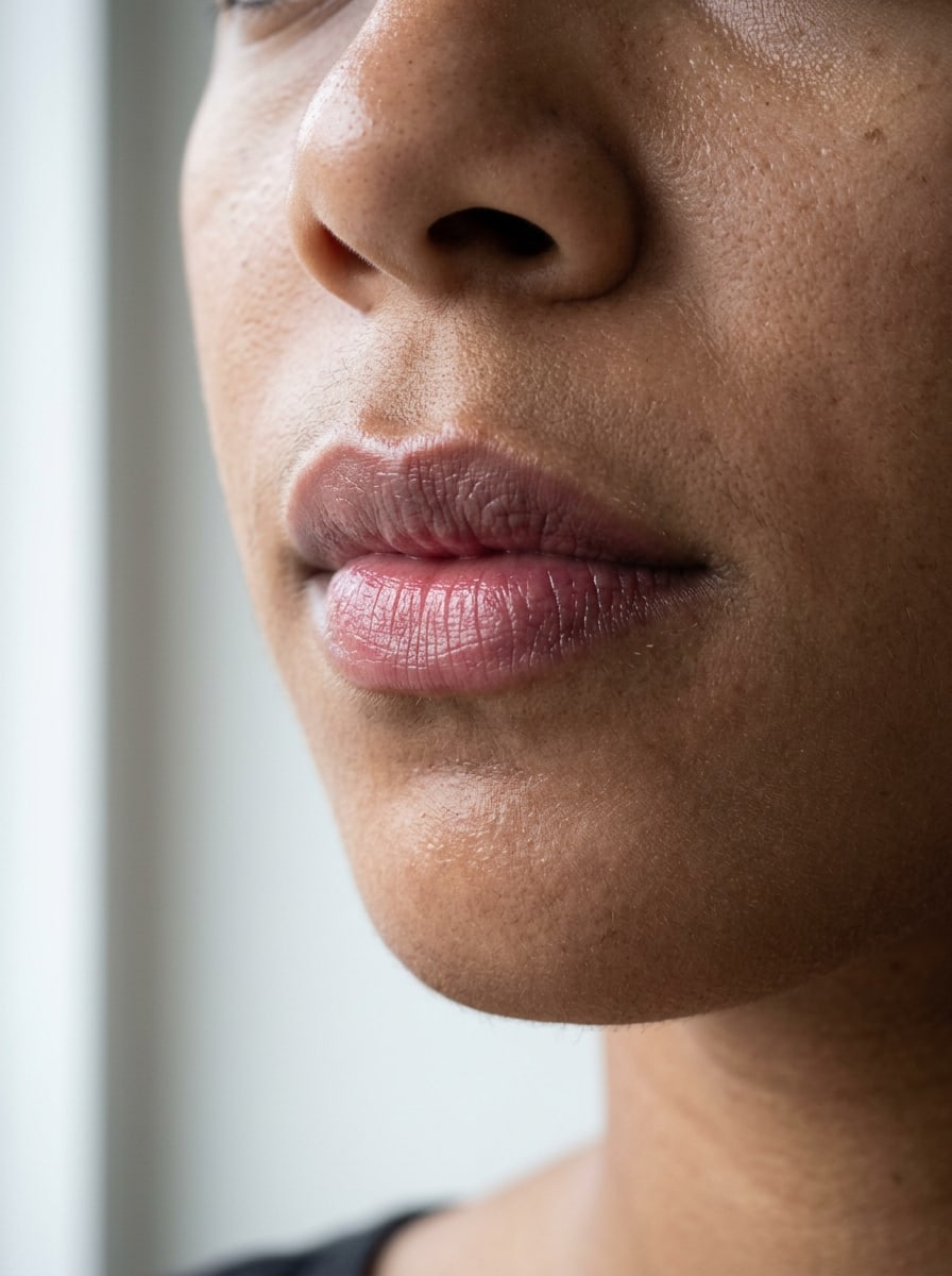 Lips close up in one sheer coat of berry tint, the lip lines still visible.