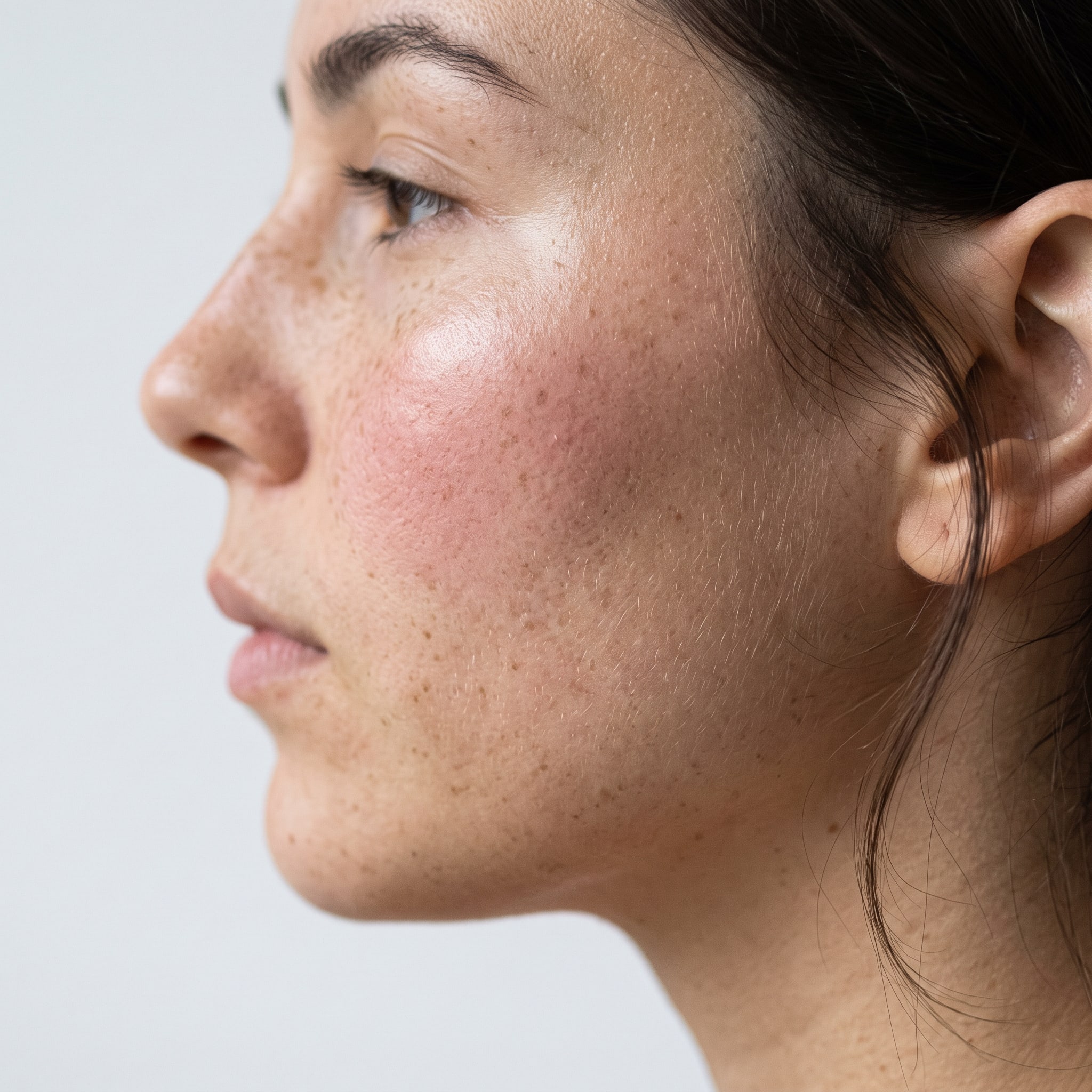 A cheek and jaw close up in window light, wearing one sheer coat of rose color; freckles and pores show through it.