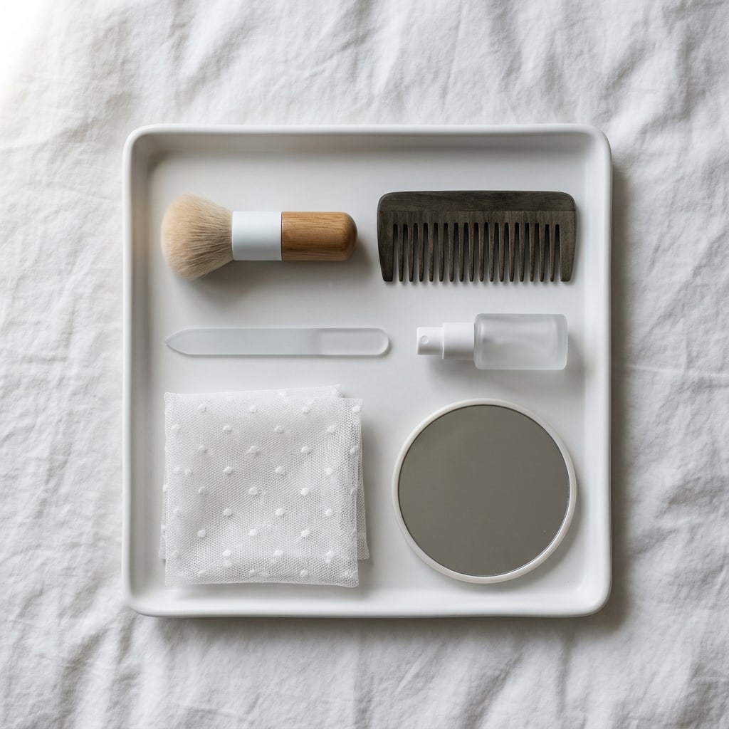 A white tray seen from above holding a cheek brush, a wide-tooth comb, a glass nail file, a perfume atomizer, folded dotted tulle and a hand mirror.