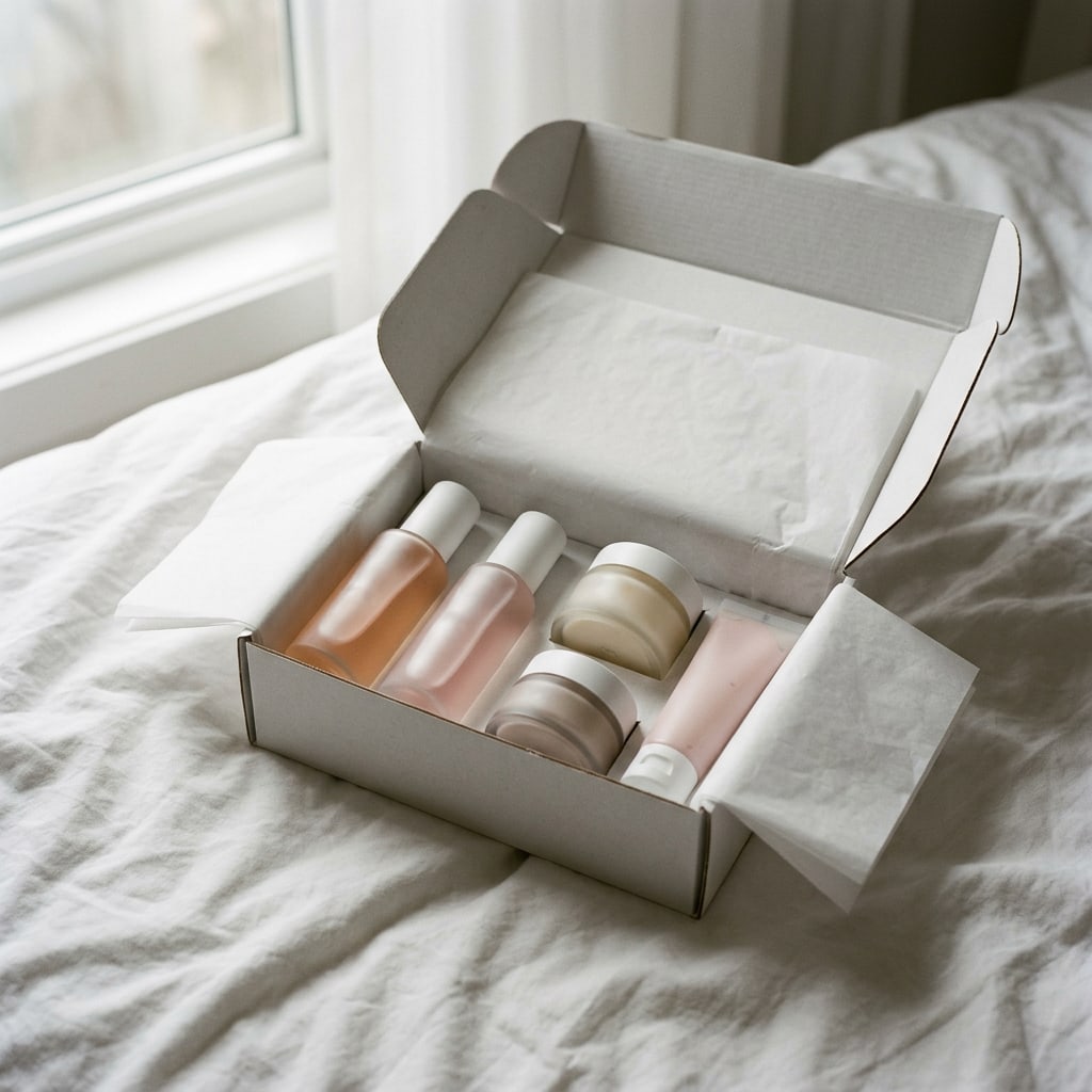 An opened plain white mailer box on a bed, the six Veils nested in white tissue inside it.
